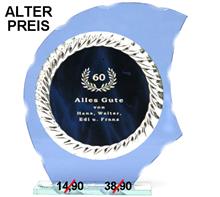 Glastrophäe inkl. Platte Ø11cm "-25% Rabatt-Aktion": Blaue Glastrophäe inklusive blau-silber Gravurplatte. Plattengrößen: Ø11cm