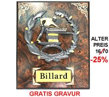 Billard-Holzschild "-25% Rabatt-Aktion": BILLARD-Motiv aus Steingussmaterial 3-färbig bemalt auf einem Wurzelholzsc