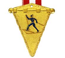 Medaille Alpin Langlauf + Band: MESSINGMEDAILLE in Wimpelform mit geprägtem und blau emailliertem Motiv