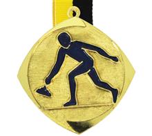 Medaille Europa Eisstock + Band: MESSINGMEDAILLE mit geprägtem und blau emailiertem Motiv "EISSTOCKSCHÜTZ