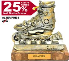 Trophäe Rollerskate "-25% Rabatt-Aktion": 2-färbige Steinguss-Trophäe "ROLLERSKATE" auf rotem Marmorsockel.