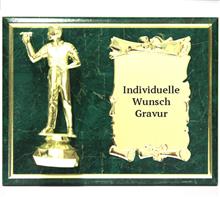 Holzschild grün 23x18+F142 u. Metallurkunde /: Grünes Holzschild 23x18cm zum Hängen oder Stellen mit Figur "DARTSPIELER
