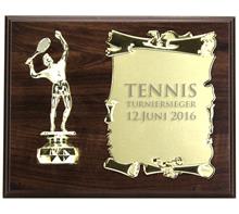 Holzschild 25x20 inkl. Figur 043 +Metalurkunde: Braunes Holzschild 25x20cm zum Hängen oder Stellen mit Figur "TENNIS HER