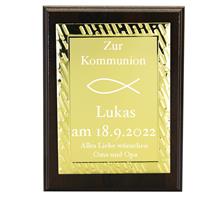 Holzschild inkl. Gravurplatte: Blaues Holzschild 23x18cm mit Goldrand inkl. Metallurkunde 15x10cm zum H