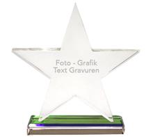 Glastrophäe "Stern": GLASTROPHÄE "SUPER-STAR" aus 15mm starkem Jadeglas auf 19mm Sockel inklu