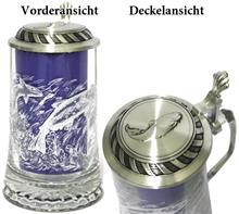 Glaskrug "Fisch" 0,5l: Stern-Boden-Seidel 0,5l mit ätzweißem Motiv "FISCHE" und Zinndeckel mit