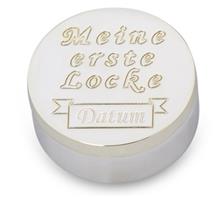 Dose versilbert "1. Locke": Dose versilbert Ø4cm Höhe 1,6cm Mit Text: "Meine erste Locke" und Gravurfe