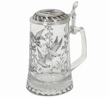 Glaskrug Ente mit Zinndeckel: Glaskrug Motiv: "ENTEN" ätzweiß mit Zinndeckel inkl. geprägtem Motiv. Hö