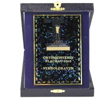 Kassette inkl. Gravurplatte: Blaue Kassette inklusive attraktiver goldener Metallplatte. Plattengröße
