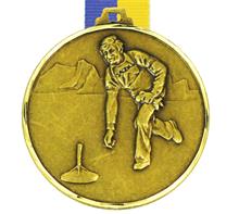 Medaille Saphir "Eisschießen" inkl. Band: Messingmedaille Ø42mm mit geprägtem Motiv "EISSCHIESSEN" mit Diamantschl