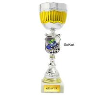 Pokal inkl. färbigem Wappen "Gokart": Pokal in Blau-Silber-Kombination inkl. färbigem Wappen "GOKART".