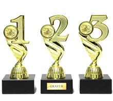 Trophäe "1-2-3" inkl. Motiv Gokart "ZW087": Trophäe "1-2-3" auf schwazem Marmorsockel inkl. Motiv Ø25mm "Gokart".
