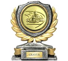 Steinguss-Trophäe inkl. Motiv Gokart "RI087": Kleine silberne Steingusstrophäe gold bemalt inkl. Emblem "RIESE" Ø50mm "Gok