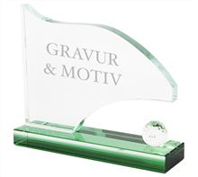 Glastrophhäe Golf: Exklusive 2-färbige Golftrophäe. Ovaler Glassockel, plastischer Golfball