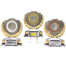 Steinguss-Trophäe inkl. DC go-si-br + Motiv Wasserball "FA058": Kleine silberne Steingusstrophäe mit Diamantcenter in Gold-Silber-Bronze und