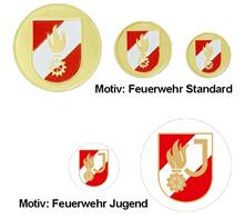 Feuerwehr Embleme: Auflagenmotive "FEUERWEHR" Ausführung Metall Goldfarben Wappen 2-färbig