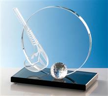 Glastrophäe "Golfschläger+Ball": Exklusives Design - Glastrophäe bestehend aus 10mm Glasrondo, Golfschläg