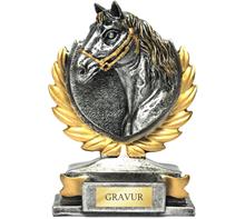 Pferde-Trophäe: Kleine Steingusstrophäe mit Motiv "PFERD" gold bemalt.