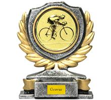 Steingusstriophäe inkl. Motiv Radsport "RI086": Kleine silberne Steingusstrophäe mit Motiv Ø50mm "Radsport". Höhe: 11,5cm